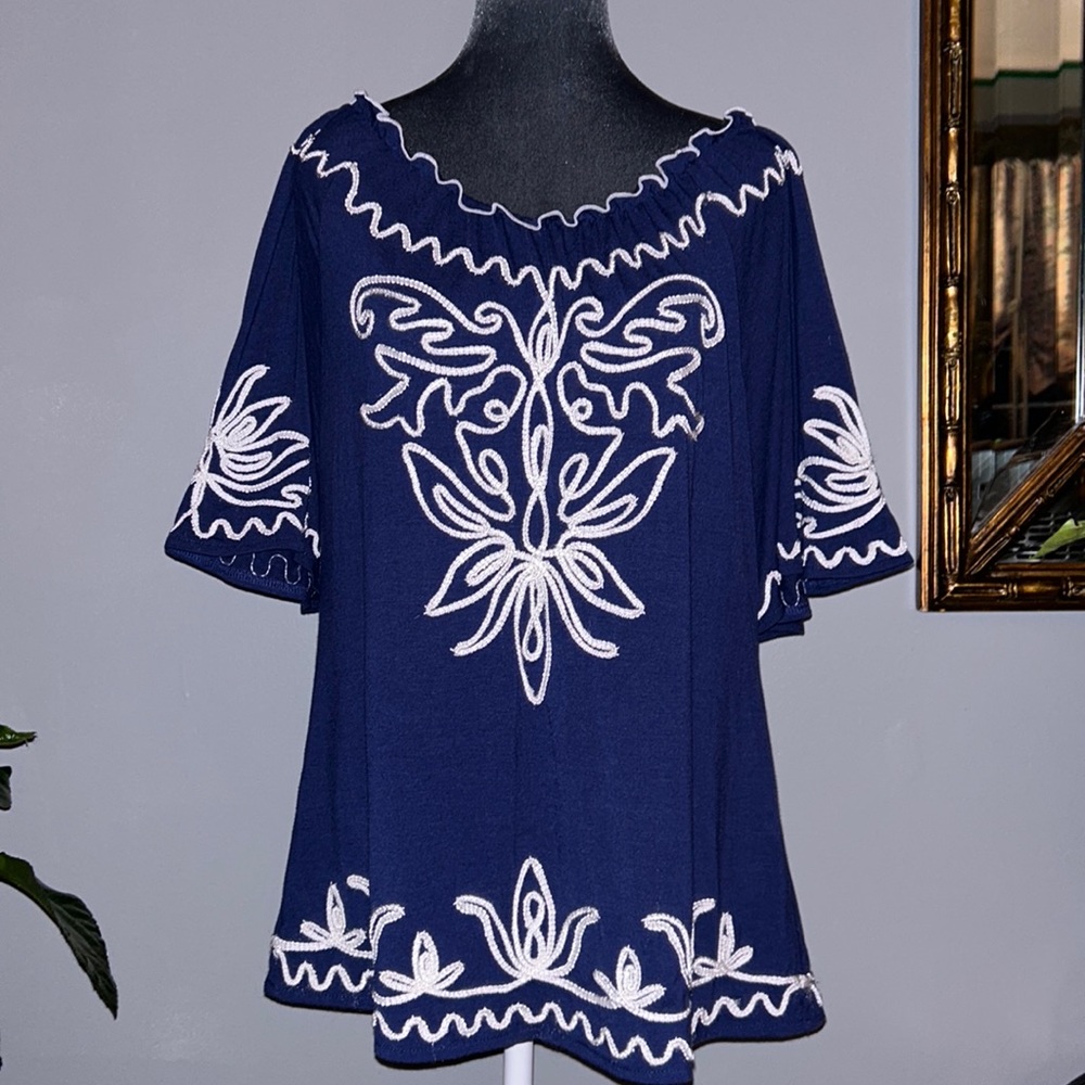 Once Again heavily embroidered comfortable relaxed flowy fit casual blouse
